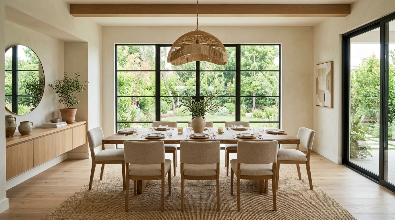 Natural organic modern dining room styled as a serene gathering space.